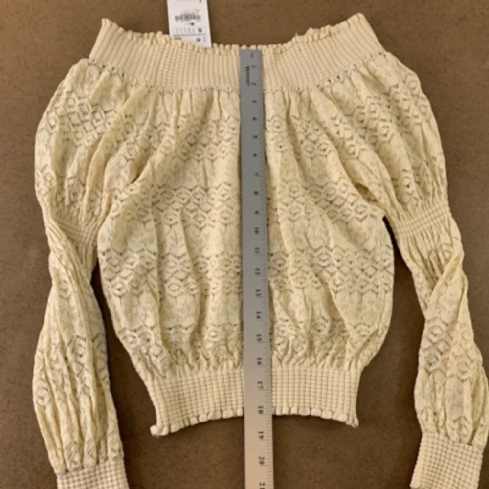 Zara Womens Blouse Beige Geometric Long Sleeve Off Shoulder Ruffle Lace S New